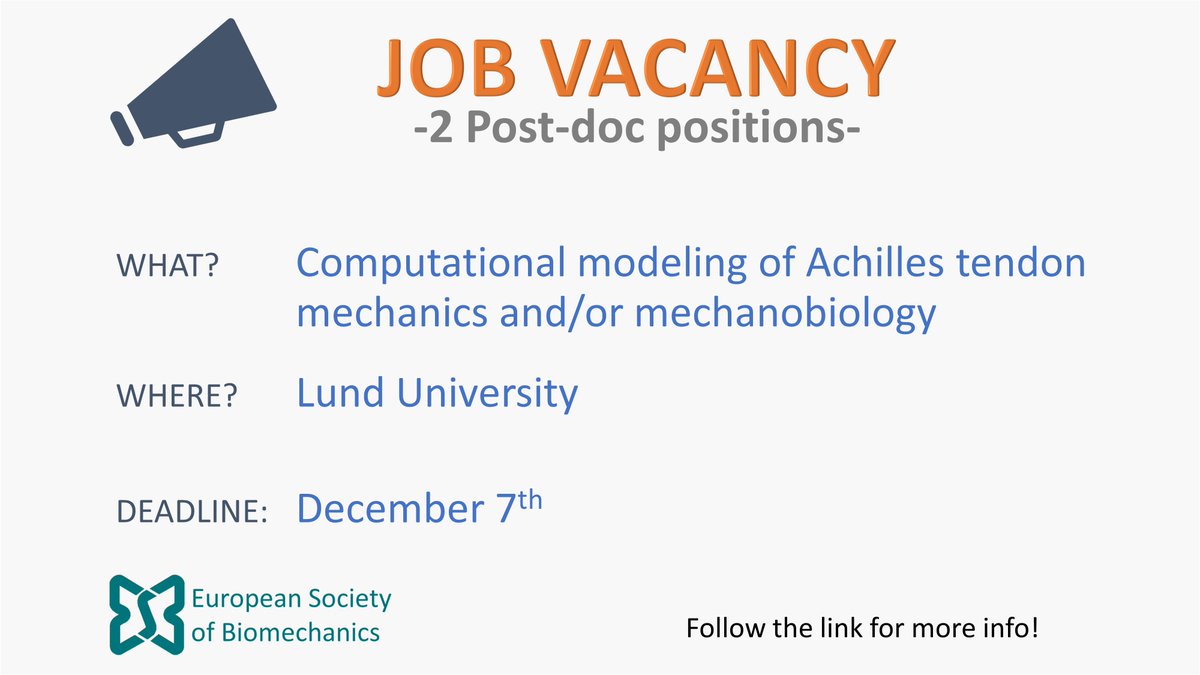 📢2 Post-doc positions open at Lund University about computational modeling of tendons, within the ERC-funded project (Tendon_MechBio). More info 👉esbiomech.org/2-postdoc-posi… Deadline: December 7th