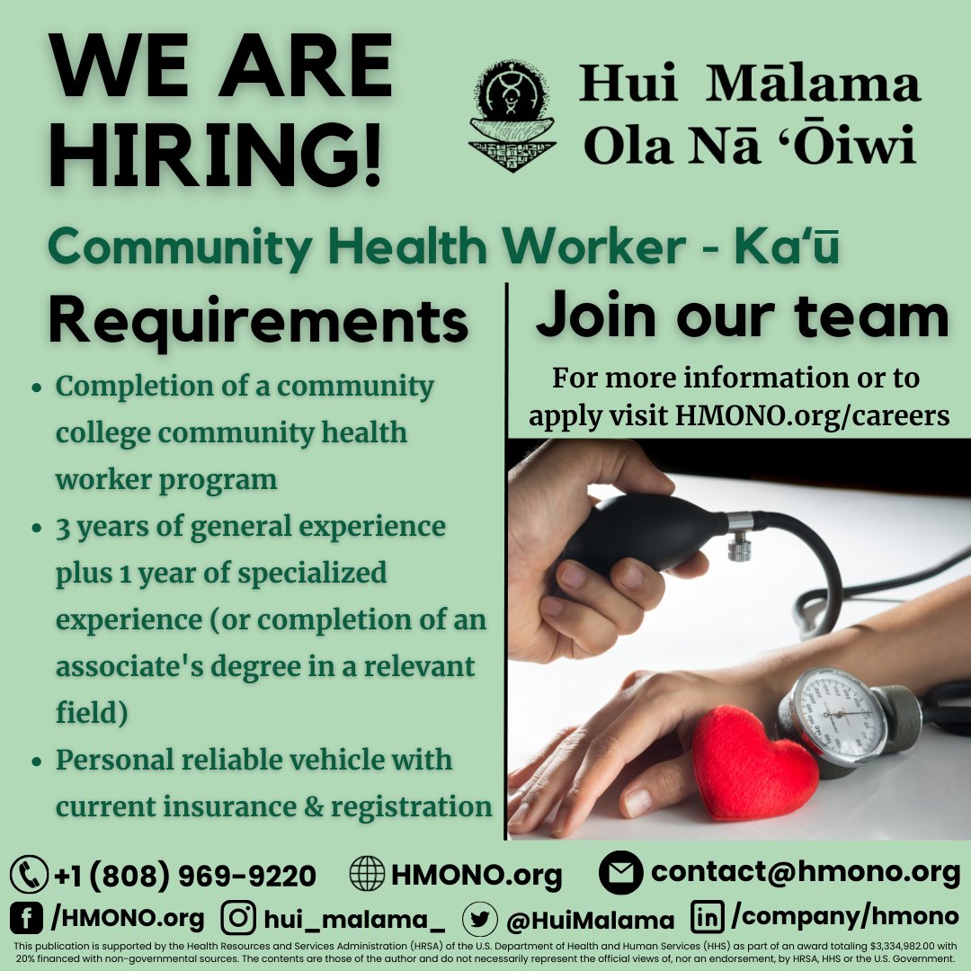 Join our passionate team and make a difference in your community today! 💼

This is a full time position with pay commensurate with experience. 💲 💲

To learn more and apply, visit hmono.org/careers. 🌐

#meaningfulwork #communityhealthworker #greatbenefits