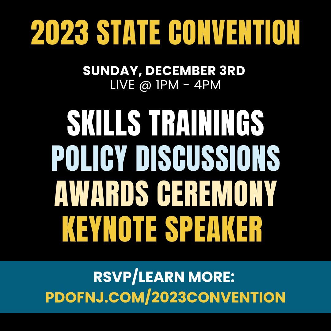 Thinking about registering for our 2023 State Convention? Not sure what to expect? We've got you covered! 

Join us for a fun afternoon of: 
✅ candidate &amp; organizer training
✅ discussions on NJ policy issues
✅ awards
✅ a keynote speaker

Register: pdofnj.com/2023convention