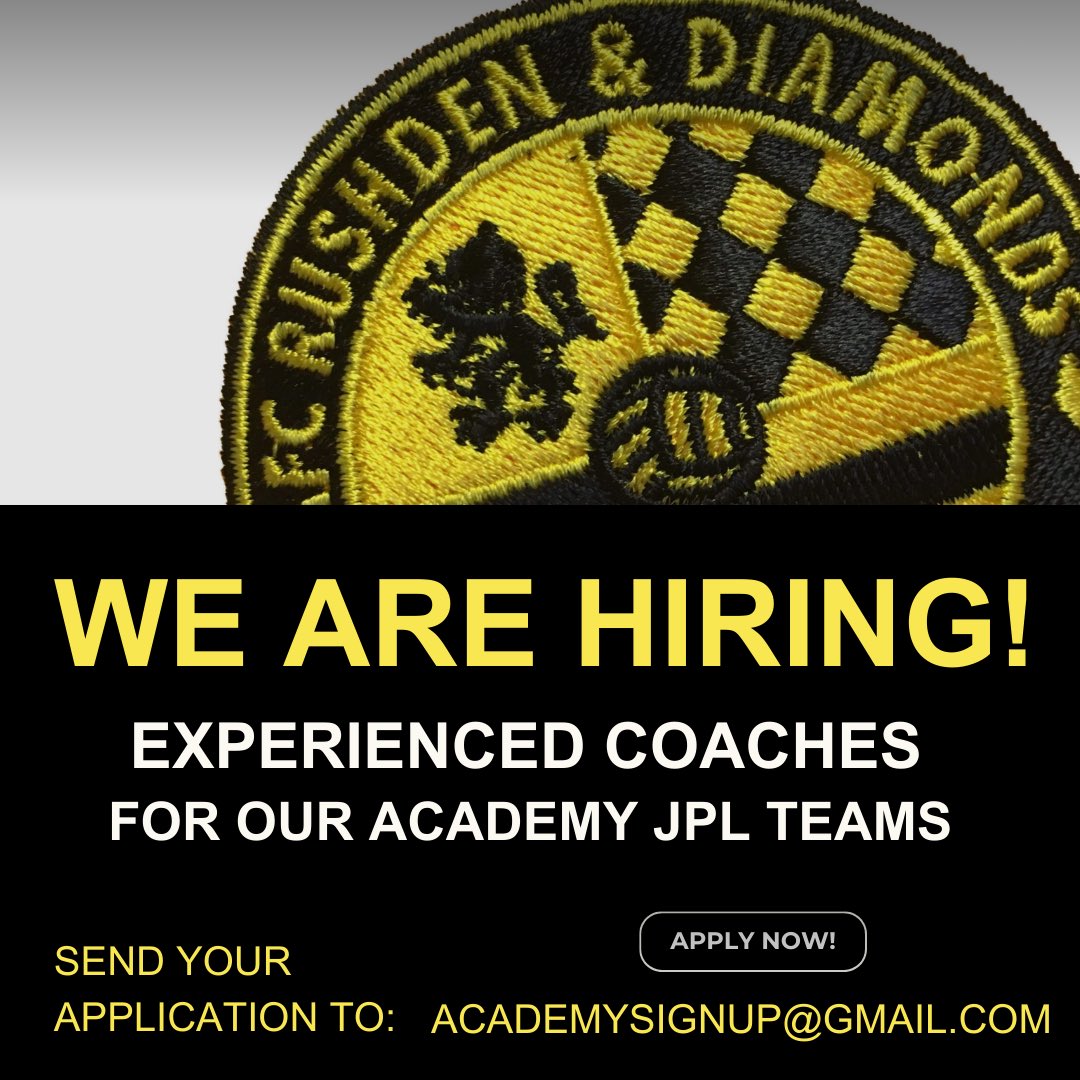 AFC Rushden &amp; Diamonds are recruiting motivated and ambitious coaches to join our Academy

Our Academy teams play in the Junior Premier League &amp; play home games &amp; train in Northampton on 3G

For more info &amp; to apply please email academysignup@gmail.com or call us on 07793 443639.