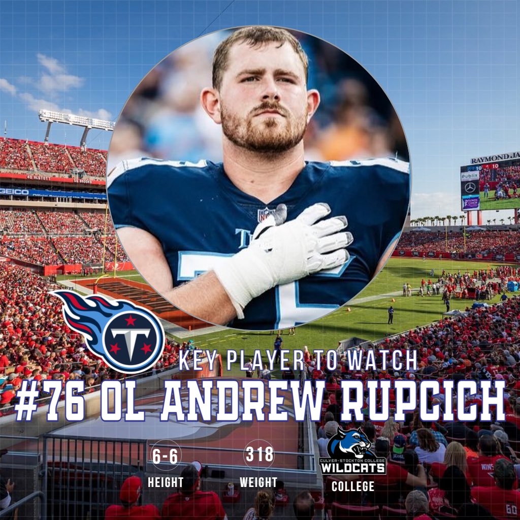 For today’s matchup between the Tennessee Titans and the Tampa Bay Buccaneers, keep your eye 👀 on #76 Andrew Rupcich! Rupe has been activated to the game-day roster for the Titans today at Raymond James Stadium. #GoWild