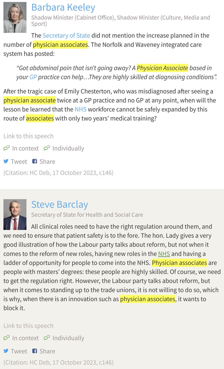 The Government isn't using Physician Associates for patient safety.

They're using them to undermine doctors and their unions <a href="/TheBMA/">The BMA</a>
<a href="/HCSANews/">HCSA – the hospital doctors' union</a>

Don't believe me? Here's <a href="/SteveBarclay/">Steve Barclay</a> saying it directly to <a href="/KeeleyMP/">Baroness Keeley of Worsley (also on BlueSky)</a>