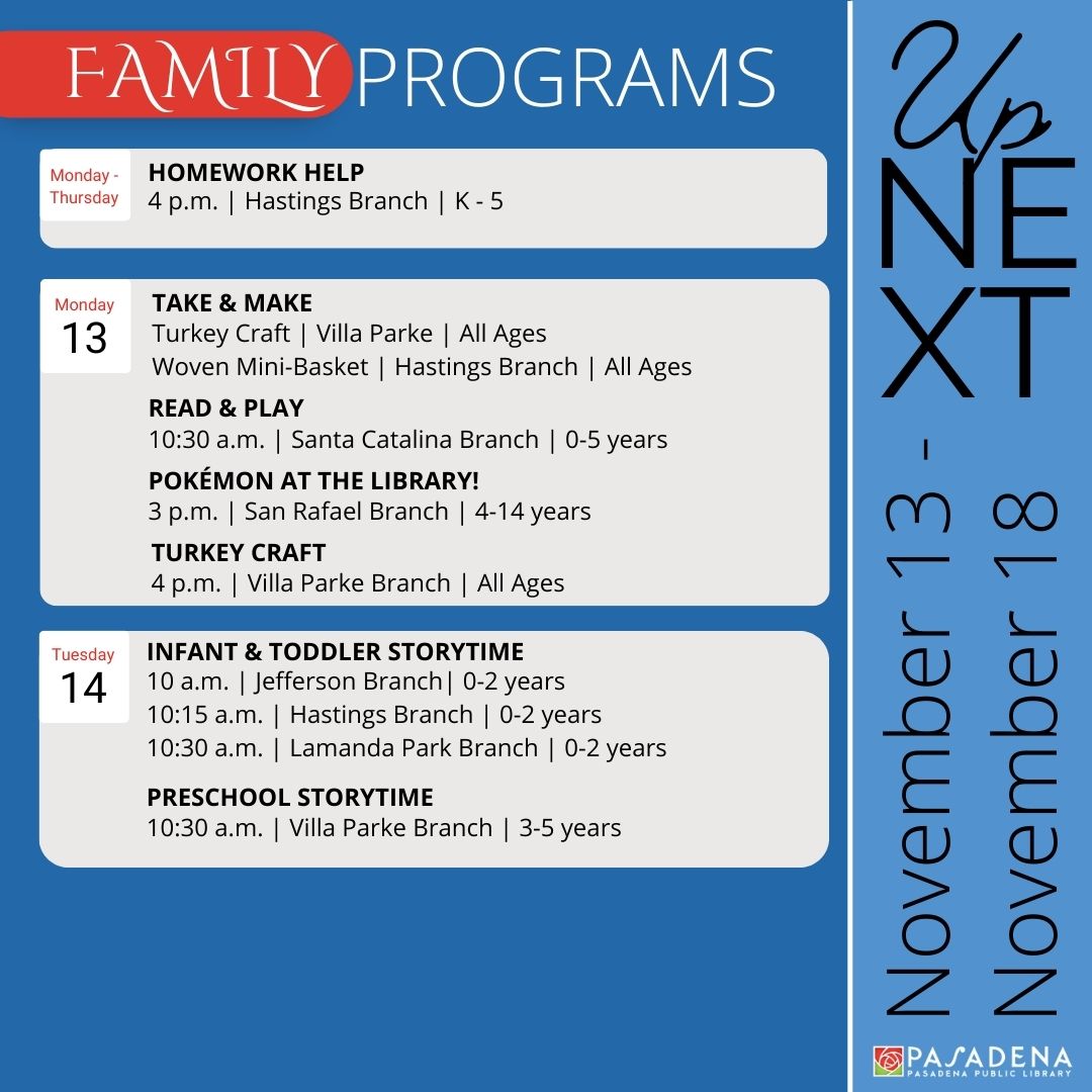 pasadenalibrary's tweet photo. Discover a week filled with exciting programs for everyone! For full details, and book club information, please visit our Events Calendar: https://t.co/AhEYAziH6v https://t.co/VUGEkLYcc9