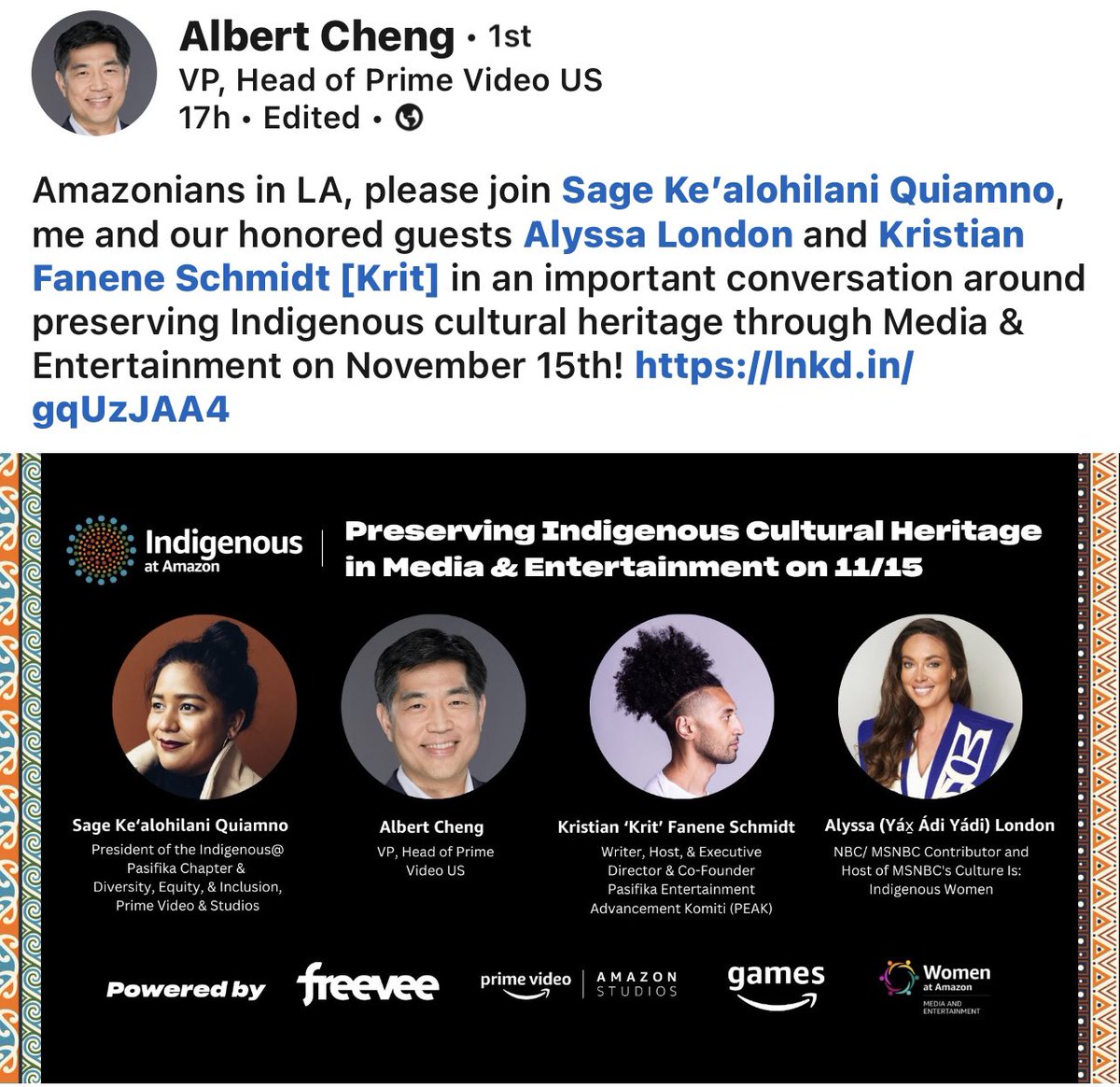 Looking forward to this event with @amazon. Thank you Sage Ke’alohilani Quiamno for the opportunity. It’s an honor to speak alongside both Albert Cheng and Kristian Fanene Schmidt [Krit] about increasing the awareness of the vitality of Indigenous culture through media content.