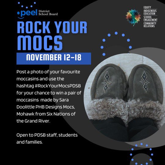 Rock Your Mocs @Peelschools! This week, post a photo of your favourite moccasins using the hashtag #rockyourmocsPDSB to enter a draw to win a pair of moccasins made by Sara Doolittle PHB Designs Mocs, Mohawk from Six Nations of the Grand River. @RockYourMocs #RockYourMocs