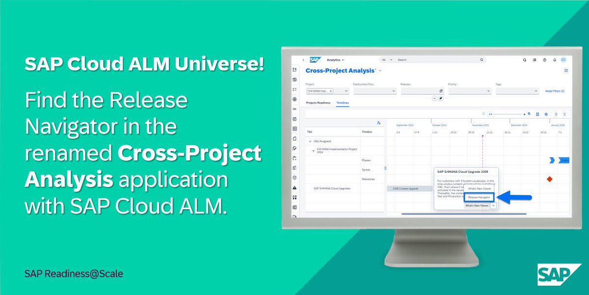 rafasaray's tweet image. Within the latest update to SAP Cloud ALM, the Release &amp;amp; Timelines app has been renamed to the Cross-Project Analysis app. Here you can still find the Release Navigator under the Timelines tab within the Content Upgrade event! #SAP #CloudALM #ReleaseNavigator