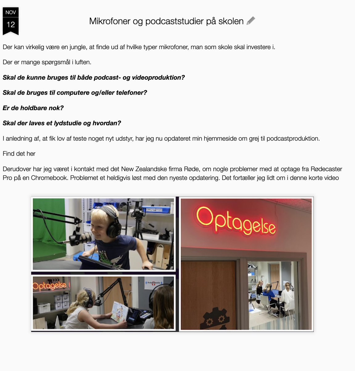 Jeg skriver lidt om hvilke mikrofoner det er gode til podcasting i skolen. Det bliver jeg nemlig spurgt om med jævne mellemrum. #skolechat #podcastiskolen #podcasting 

podcastiskolen.blogspot.com