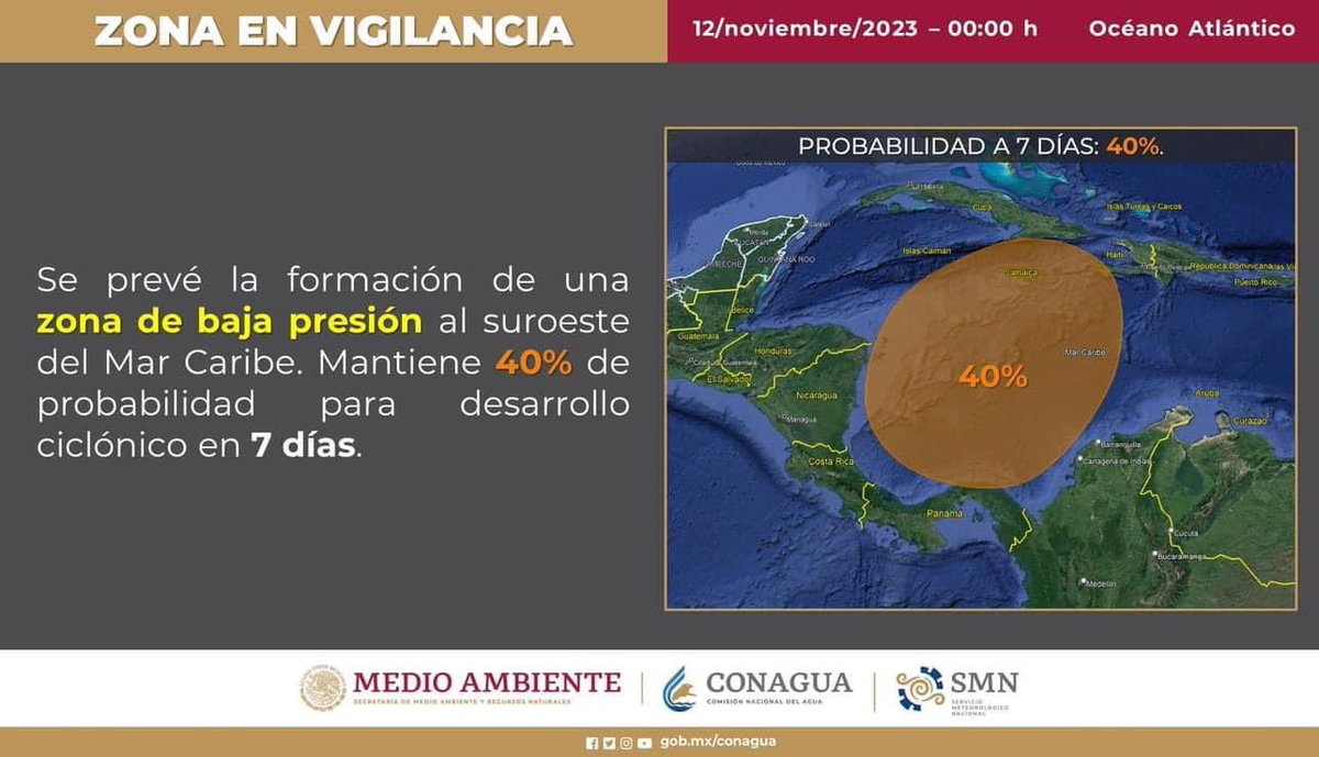 ⚠️ ZONA EN VIGILANCIA

El Sistema Meteorologico Nacional prevé la formación de una zona de baja presión en el suroeste del Mar Caribe la cual mantiene un 40% de probabilidad para desarrollo ciclónico en 7 días.

📢 Se mantiene en vigilancia.

#CancúnNosUne