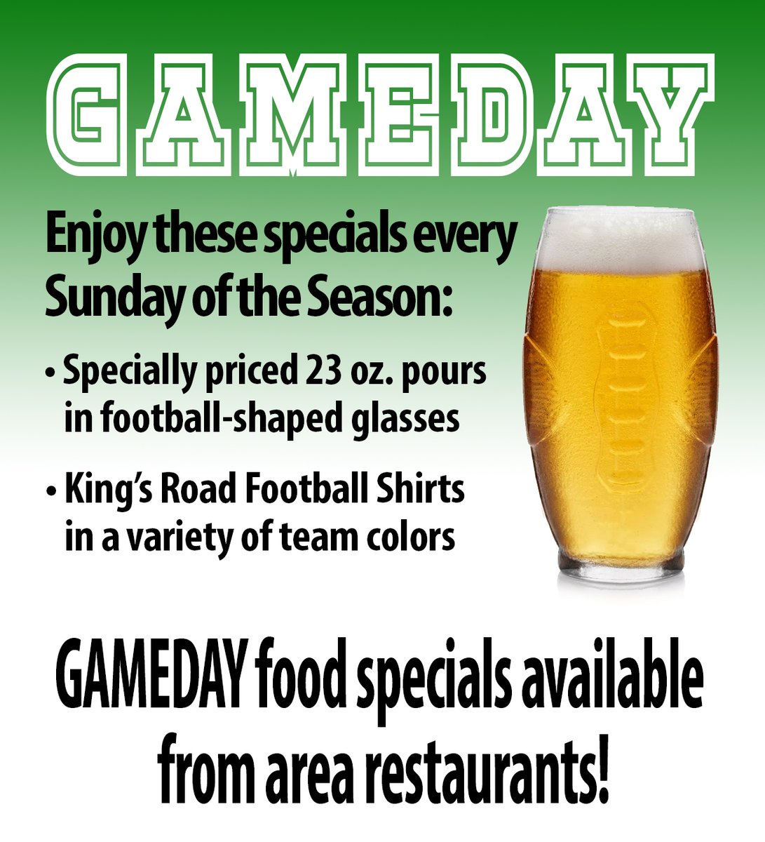 SUNDAY IS GAMEDAY AT KING'S ROAD! The games will be on! Get specially priced 23 oz. pours in football-shaped glasses. King’s Road Football Shirts available in a variety of team colors. GAMEDAY food specials available from area restaurants.⁣ @DestinationMedford...
