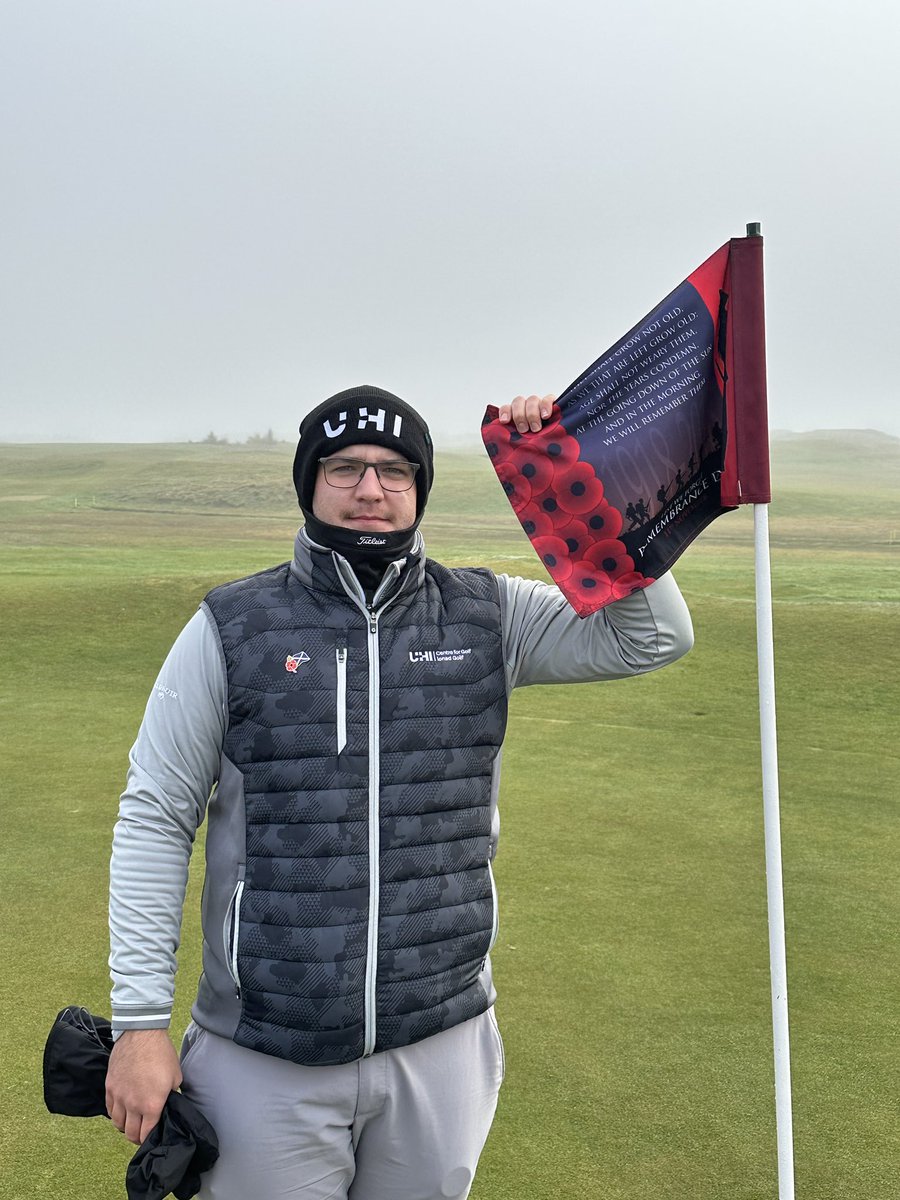 “We will remember them” 3rd year Professional Golf student, Harry, at the 18th Green at a foggy @TainGolfClub today. #uhicentreforgolf #taingolfclub #golflife #studenlife #uhigolfteam #thinkuhi