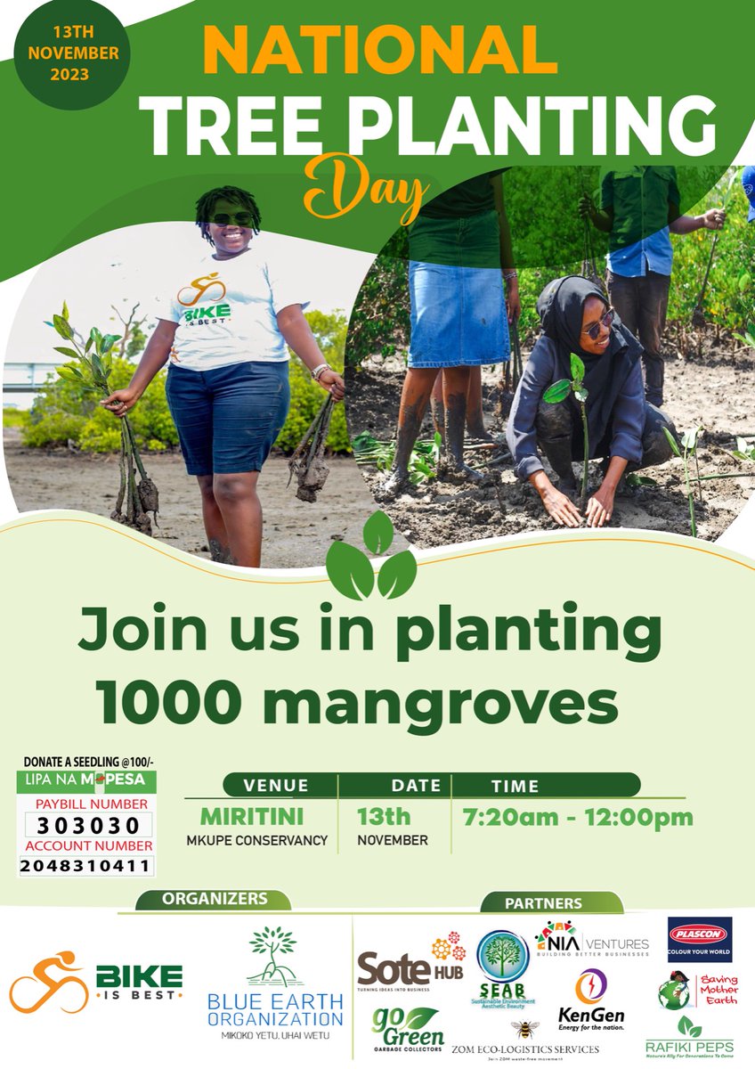 Join us tomorrow for the tree planting activity in Miritini, Mombasa as we commemorate National Day of Tree Planting. Come join us build a resilience environment by planting trees. Thanks partners @al_yusra @Sote_Hub @BlueEarthOrgan1 @Palmtree_Hotel & many others 4 the support