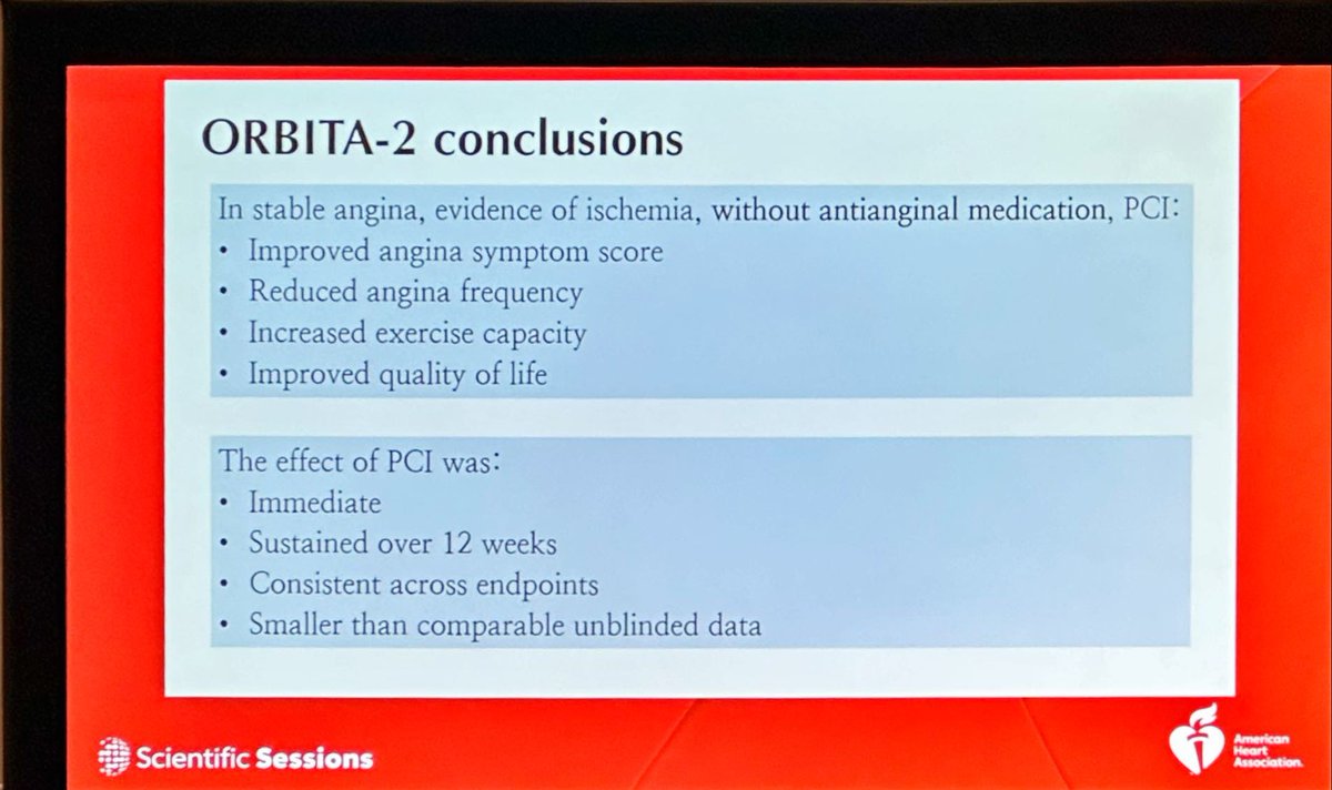 In-depth with #ORBITA2 Trial #AHA23 

Interesting patient survey result shared by @rallamee: most patients chose having MORE PAIN everyday, rather than TAKE MORE MEDICATIONS everyday. 

@cardionerds