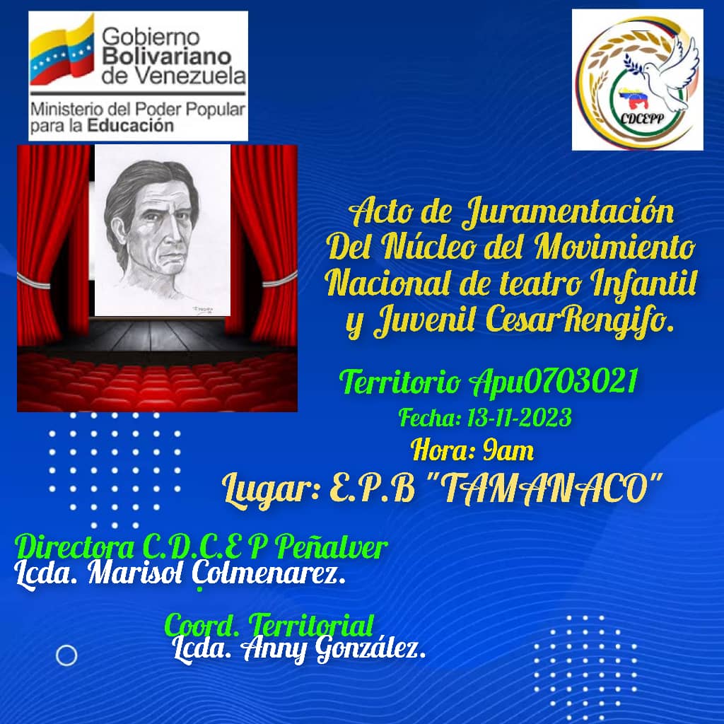 Este 13 de noviembre a nivel nacional se  juramentan los Núcleos de Teatro César Rengifo.  . Acompáñanos <a href="/NicolasMaduro/">Nicolás Maduro</a> <a href="/_LaAvanzadora/">Yelitze Santaella</a> <a href="/vicent_carvajal/">Vicente Carvajal</a> <a href="/WuikelmanAngelP/">Wuikelman Angel P.</a> <a href="/ViceComunidades/">Viceministerio de Comunidades Educativas</a> <a href="/info_mppe/">INFO MPPE</a> @MPPEDUCACION