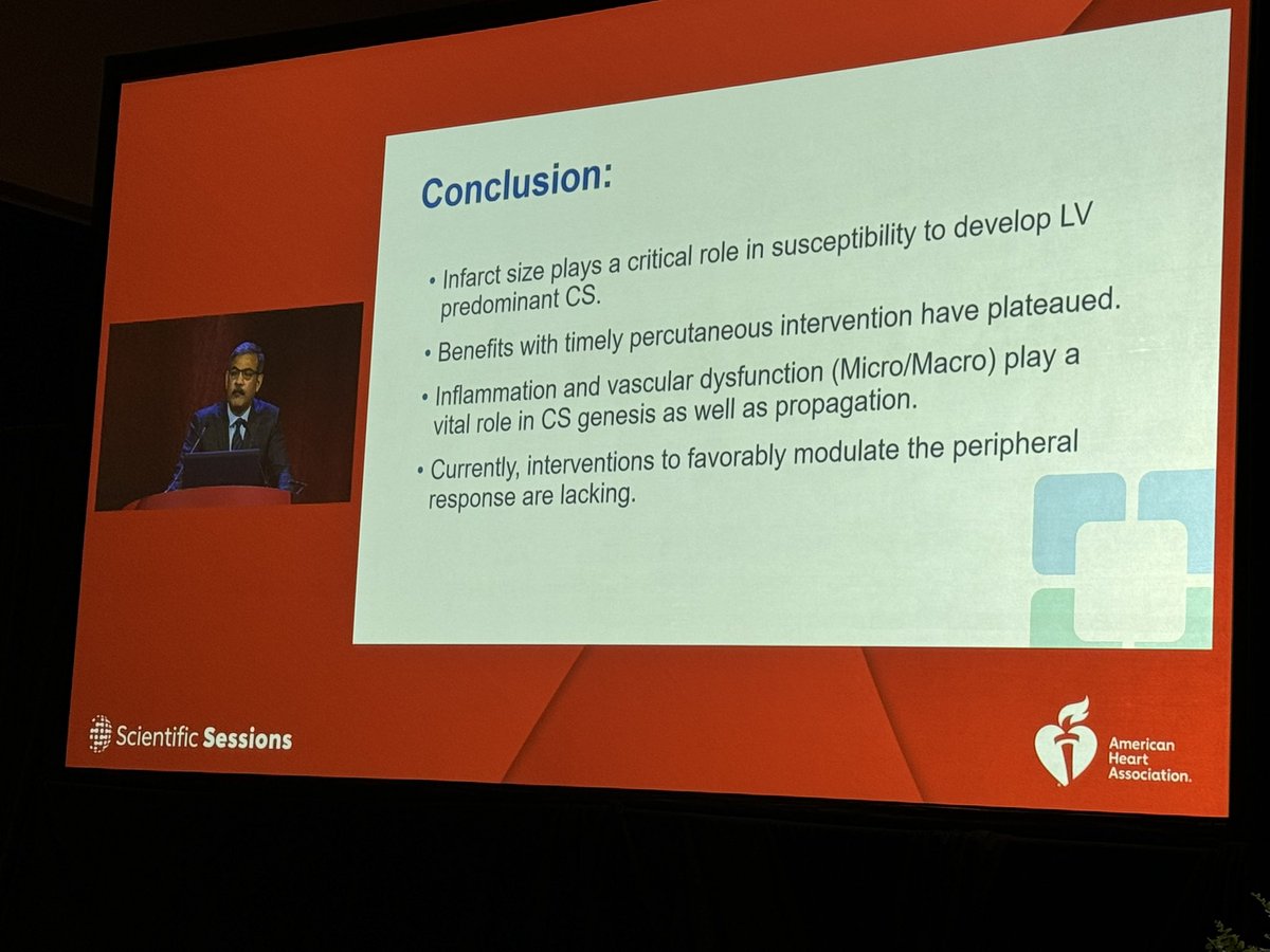 Excellent #AHA23 Main Event on Moving the Needle Forward in Cardiogenic Shock! All-Star Panel Drs. Hochman + Morrow, @venumenon10 @LindenfeldJoann @thiele_holger @DrRobRoswell. Drs. Hochman and Menon starting us off looking at future of research in #CS and new targets for therapy