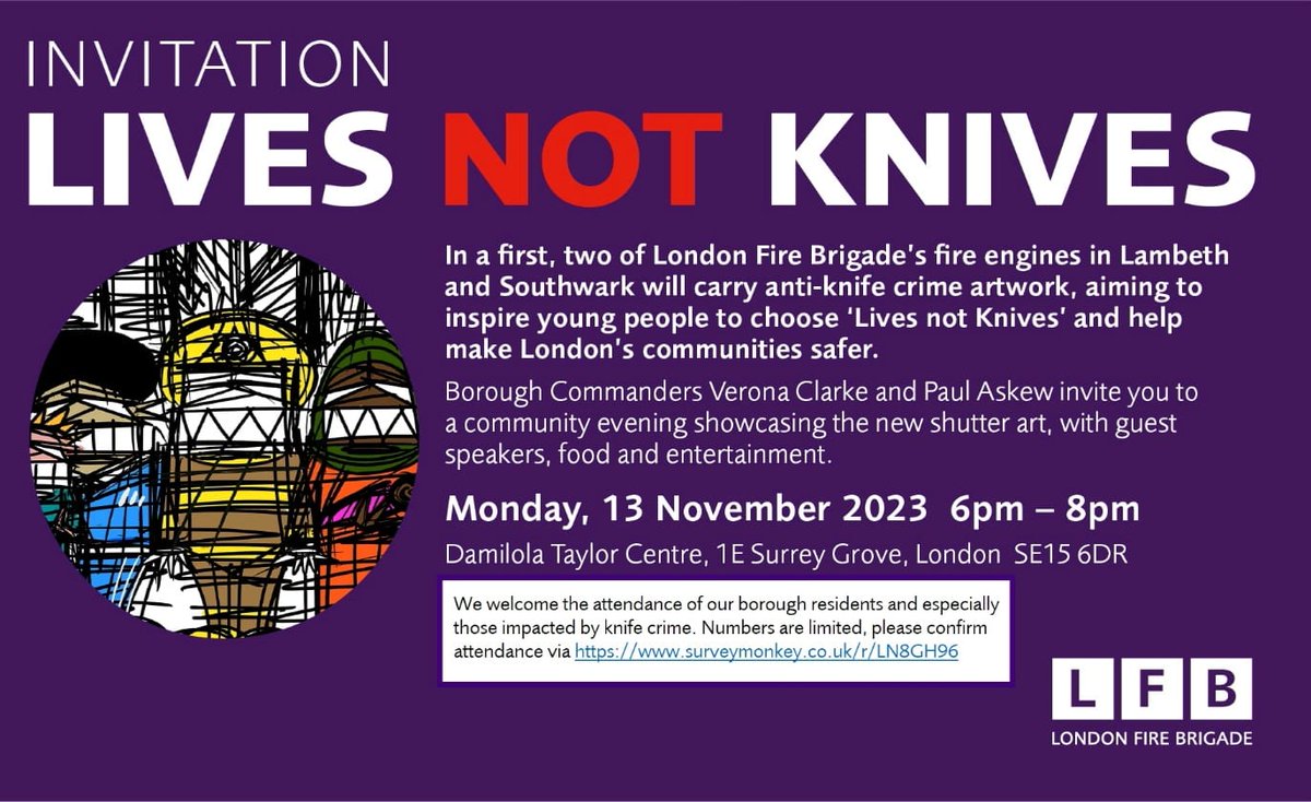 Join us tomorrow for a talk on knife crime as we lauch two new designs on our fire engines. An evening bringing our community together as we say Lives not Knives with guest Speakers, Food and Entertainment. @lb_southwark @SouthwarkYAs @LambethMPS @BPF_Southwark @Southwark_News