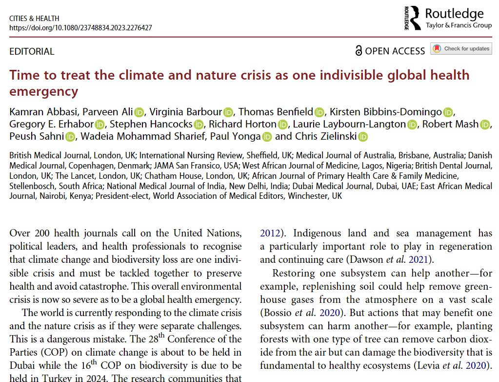 New #editorial published! 'Time to treat the climate and nature crisis as one indivisible global health emergency' by Kamran Abbasi, Professor Parveen Ali, Virginia Barbour, Thomas Benfield, Kirsten Bibbins-Domingo, Gregory E. Erhabor, Stephen Hancocks, Richard Horton, Laurie…