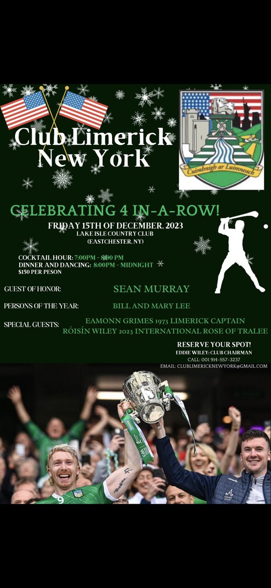 Less than 4 weeks until we rock New York (again). Come join us to celebrate the season and Limerick’s great success on and off the field. Can’t wait #luimneachabu @LimerickCLG @JTMagen @NYRoseCenter @RoseofTralee_ @LimerickFanPage @LimerickGAAzine @LimCamogie @SportingLK