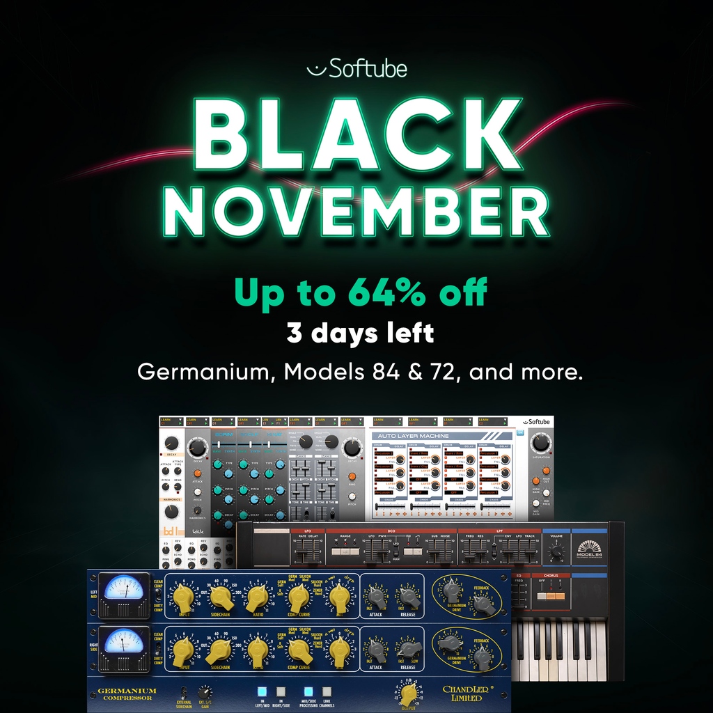 3 days left: unique, artistic compression with classic Chandler character. Save 64% on Chandler Limited Germanium Compressor. But that's not all. Get '70s vibes with Model 72 or join the synthwave revival with Model 84. Shop Model Series from $59. softube.com/promos/black-n…
