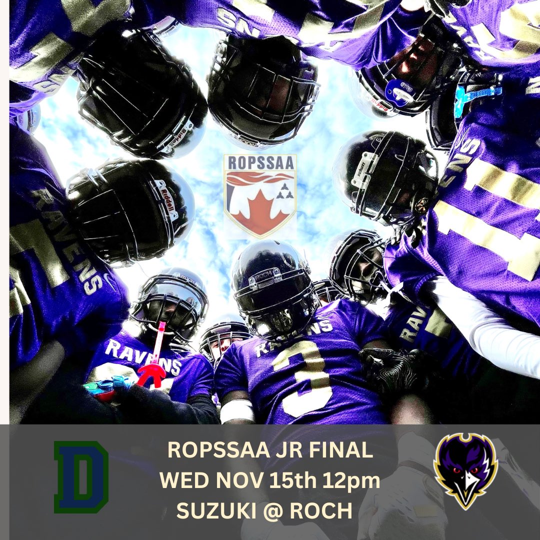 Come out and support your Junior Ravens Football team as they take on Suzuki for the Ropssaa Championship 
⏰12pm
🗓️WED NOV 15
📍St Roch
🏆🏈 Ropssaa Championship
