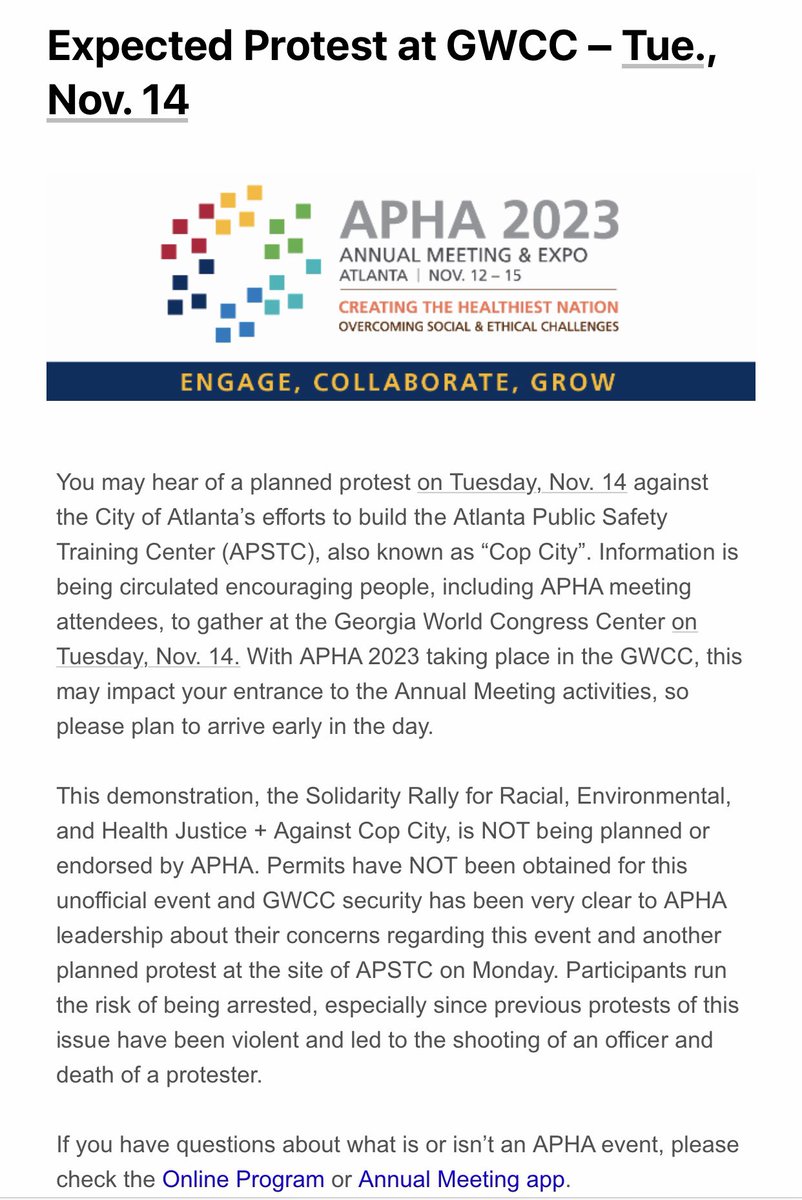 Despite APHA’s fear-mongering, if you’re in Atlanta, join the rally to #StopCopCity on Tuesday, 11/14 at 11 am, and find us outside the conference center this morning to get your #StopCopCity badge ribbons!