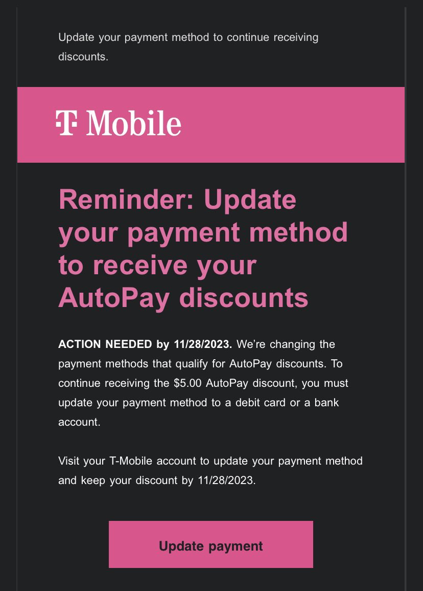 I have been a <a href="/TMobile/">T-Mobile</a> customer for years now. Credit card on file for auto pay the whole time, but now that same card isn’t a valid form of payment for my discount? <a href="/MikeSievert/">Mike Sievert</a> almost cares about customers…. Almost.