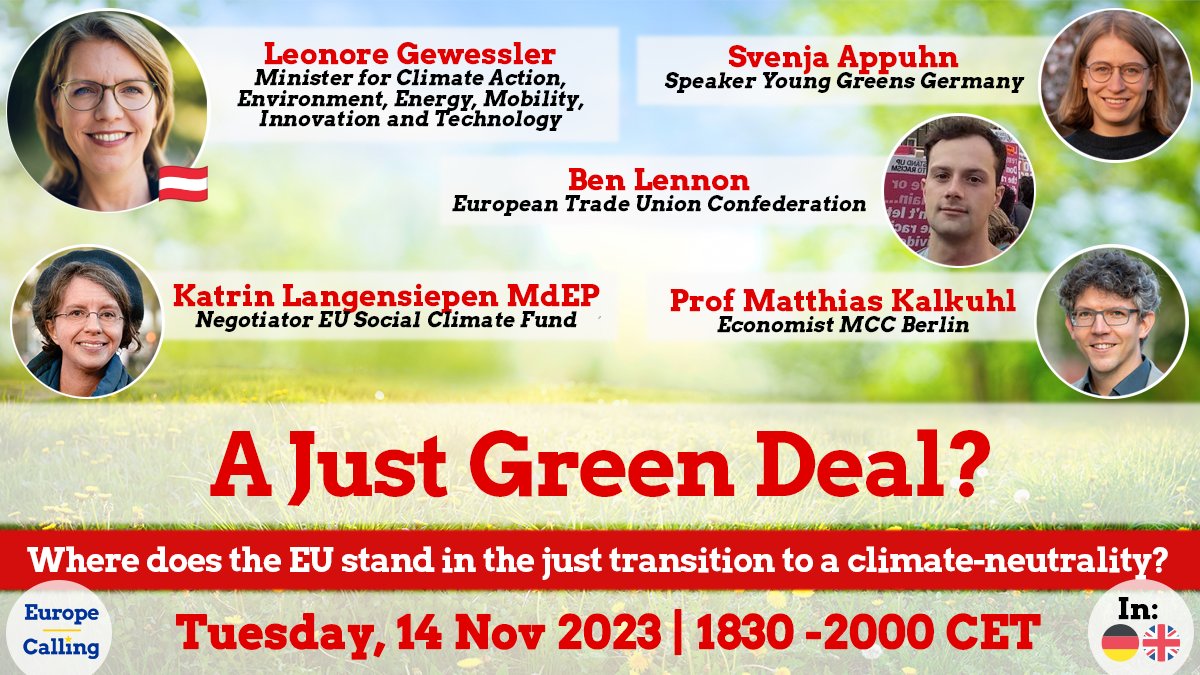 In 🇩🇪+🇬🇧: #ClimateFeebate, #ClimateSocialFund...
Where does the #EU stand on the just transition?
Webinar w/
➡️@lgewessler 🇦🇹 @BMKlimaschutz 
➡️@SvenjaAppuhn  @gruene_jugend 
➡️@BenLenun @etuc_ces
➡️@mkalkuhl @MCC_Berlin
➡️@k_langensiepen @GreensEFA 

Join t1p.de/ael0i