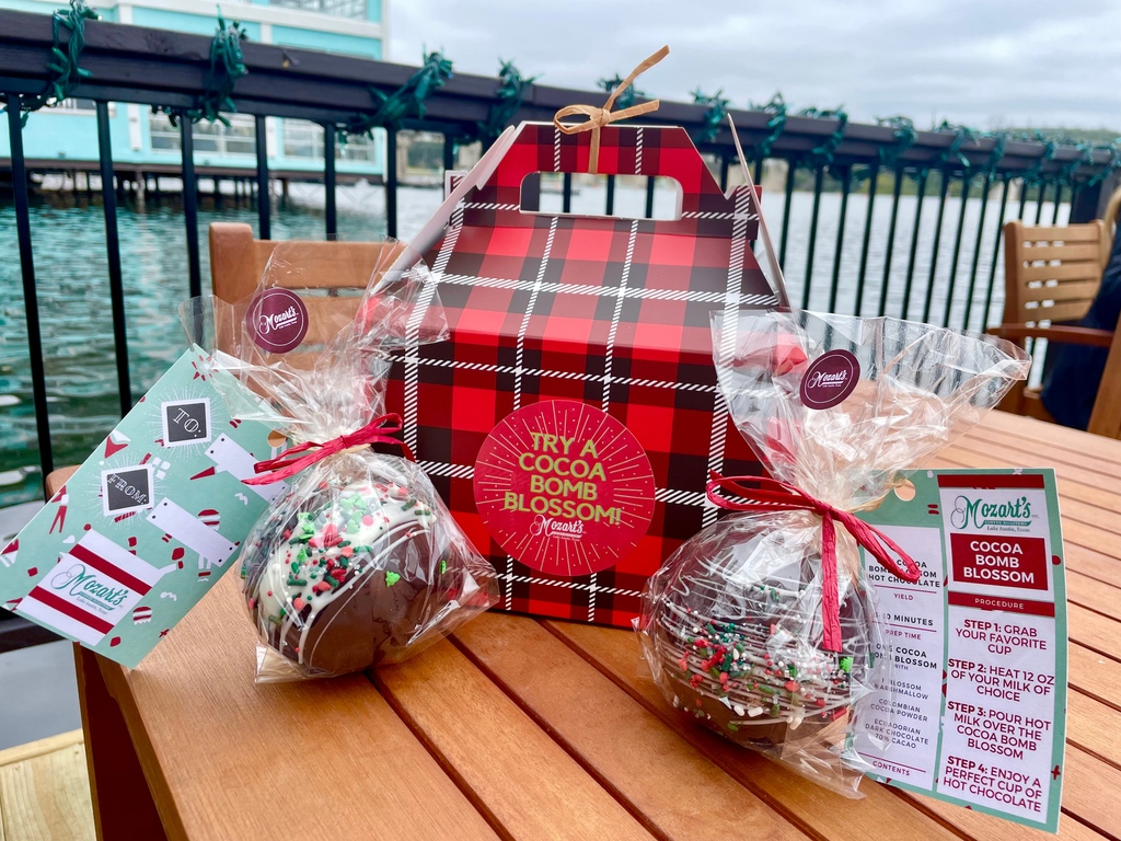 Your hot cocoa just got a major upgrade🤎 Our world famous Mozart's cocoa bombs are packaged and heading towards a mug near you! ⁠
⁠
Cozy up with this fun cup of Mozart's magic at home today! Order on our website or purchase in store⁠✨⁠
⁠