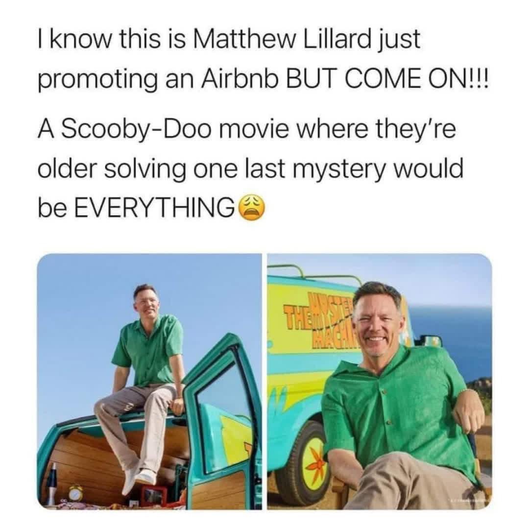 BridgettStith's tweet photo. @MatthewLillard picture it, ghost face terrorizing Coolsville. The gang investigates, clues point to the unthinkable: Shaggy (maybe formerly Stu Macher) is the killer 🤯 he then tries to kill his friends, Scooby is forced to kill  best friend before he can hurt anyone else https://t.co/V5vCftGAOj