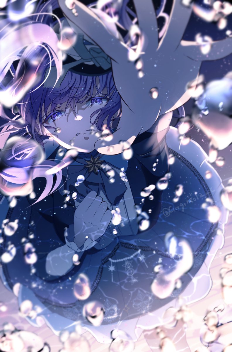 1girl solo purple hair bubble dress purple eyes reaching towards viewer  illustration images