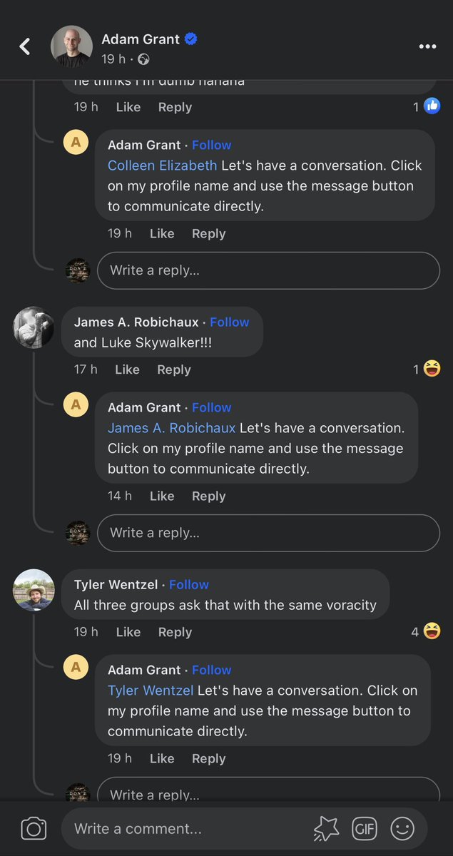InqMind2021's tweet photo. @AdamMGrant Somebody is impersonating you, and commenting on your Facebook posts. I have reported it to @facebook, but it doesn’t go against their community standards. https://t.co/acM2fVBUDW