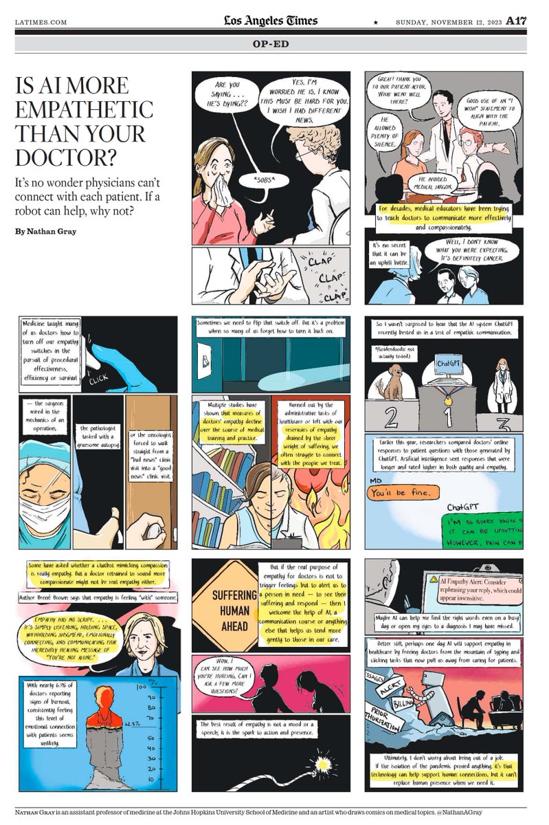 Eric Topol (@erictopol) on Twitter photo Promoting empathy in medicine with #AI
A thoughtful op-comic by <a href="/NathanAGray/">Nathan Gray MD, FACP</a>
latimes.com/opinion/story/… <a href="/latimesopinion/">L.A. Times Opinion</a> Promoting empathy in medicine with #AI
A thoughtful op-comic by <a href="/NathanAGray/">Nathan Gray MD, FACP</a>
latimes.com/opinion/story/… <a href="/latimesopinion/">L.A. Times Opinion</a>