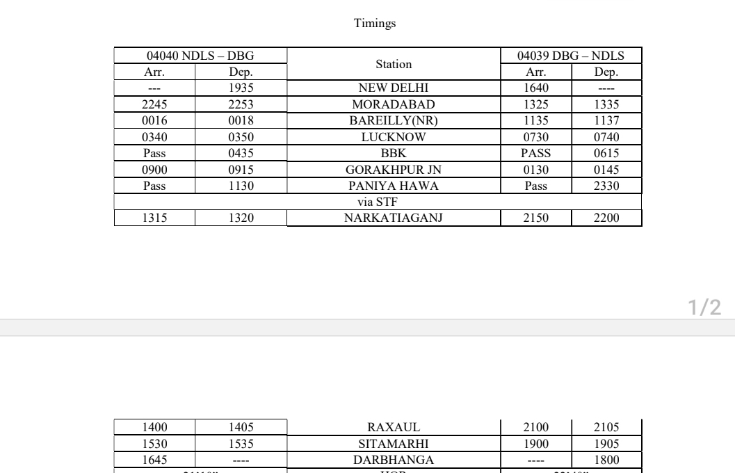 ~: Kind Attn Rail Passengers :~

RESERVED FESTIVAL SPL BETWEEN NEW DELHI & DARBHANGA

04040 ex New Delhi on 13.11.23 at 19.35 hrs 

04039 ex Darbhanga on 14.11.23 at 18.00 hrs. 

Stoppages -Moradabad, Bareilly,Lucknow, Gorakhpur,Narkatiaganj, Raxaul & Sitamarhi

Book your Berths