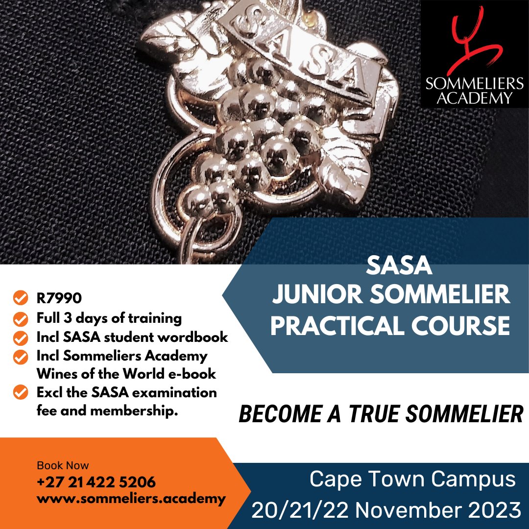 Last SASA course of the year to become a true sommelier! Limited seats, book now. Info@sommellerie.co.za or whatsapp 082 6232400