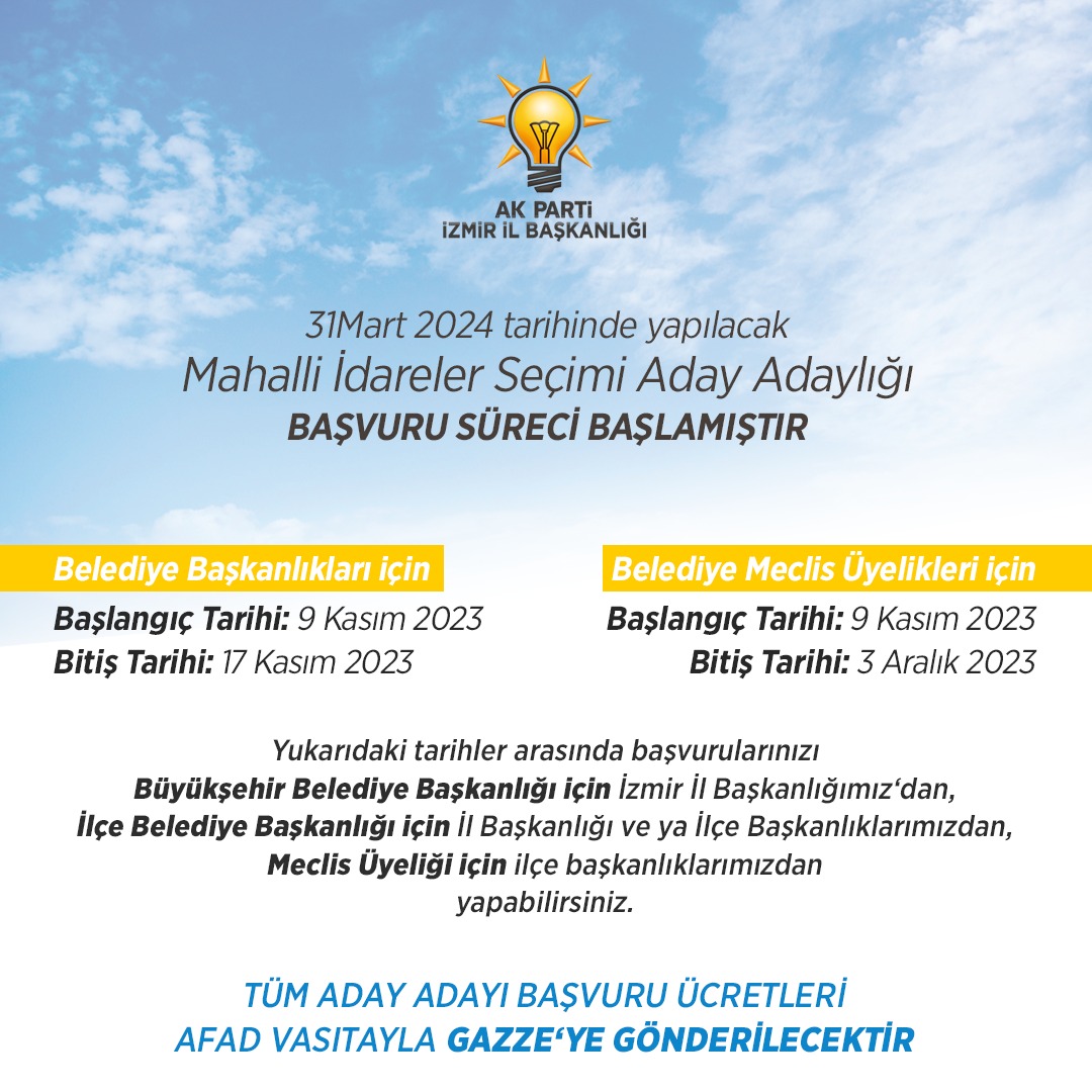 akpartiizmir's tweet photo. 31  Mart 2024 tarihinde yapılacak Mahalli İdareler Seçimi Aday Adaylığı başvuru süreci başlamıştır. Detaylar👇 https://t.co/1S5Vz3hiVF