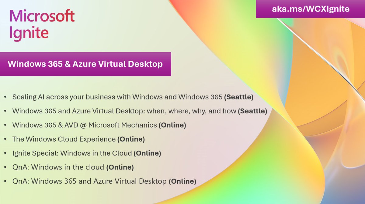 Hey!👋Wanna know all things #Windows365 and #AVD at #MSIgnite this upcoming week? Use this easy guide with all the important sessions we have listed - for you! Go to aka.ms/WCXIgnite to check all the sessions. We hope to see you there?!
