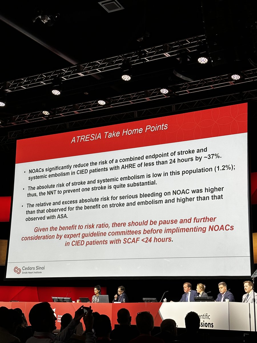 Karen Orjuela Traslaviña, MD. MSCR, MBA (she/ella) (@drkarenorjuela) on Twitter photo ATRESIA Take Home Points by Dr. Christine Albert: NOACs significantly reduce the risk of a combined endpoint of stroke and systemic embolism in CIED pt with AHRE of < 24 hrs by ~ 37%, NNT (=250) to prevent one stroke is substantial <a href="/AHAScience/">AHA Science</a> <a href="/StrokeAHA_ASA/">Stroke AHA/ASA</a> #AHA23 ATRESIA Take Home Points by Dr. Christine Albert: NOACs significantly reduce the risk of a combined endpoint of stroke and systemic embolism in CIED pt with AHRE of < 24 hrs by ~ 37%, NNT (=250) to prevent one stroke is substantial <a href="/AHAScience/">AHA Science</a> <a href="/StrokeAHA_ASA/">Stroke AHA/ASA</a> #AHA23