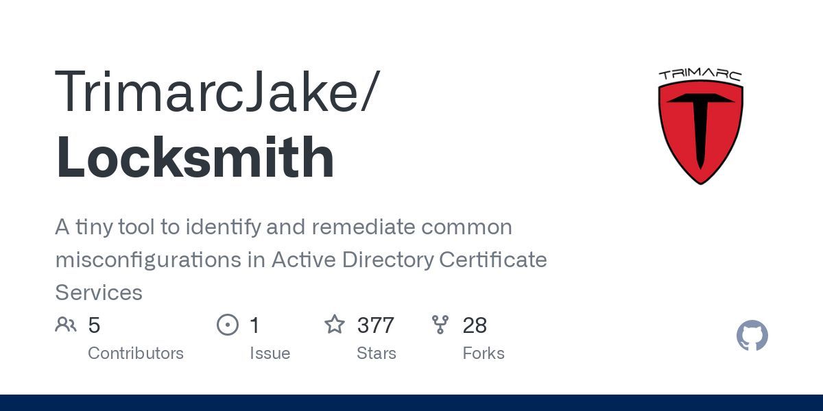 CyberWarship's tweet photo. "Locksmith: A tiny tool to identify and remediate common misconfigurations in Active Directory Certificate Services"

#infosec #pentest #redteam 
https://t.co/E1c91fw0cl https://t.co/7K7j8lWnZr