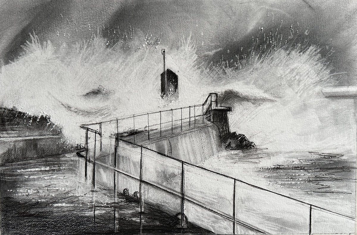 #Breakwater #Staithes #storm #charcoal on 300gsm #watercolourpaper  I think this is about finished.