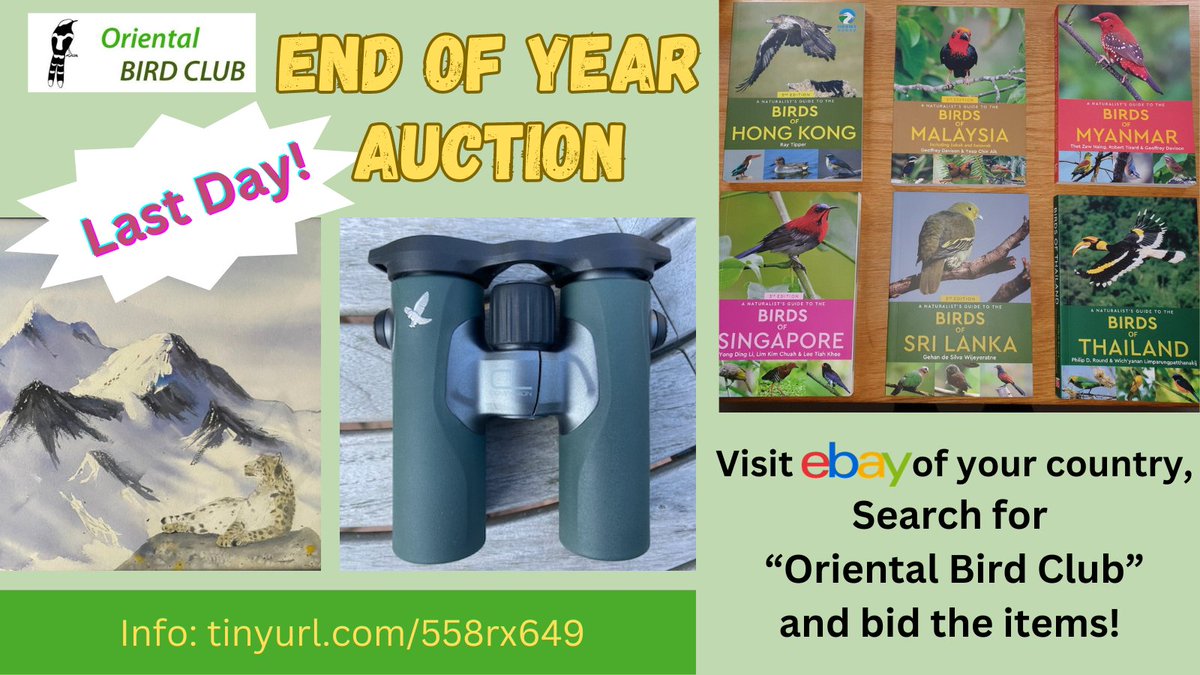 Last day!🗯Do you want a new pair of #Swarovski binoculars? Or a set of 6 Asian bird guides? Or a drawing of Snow Leopard? The #OBC auction closes tomorrow at 1950 GMT/UK time. Don't miss the chance! ✅tinyurl.com/558rx649