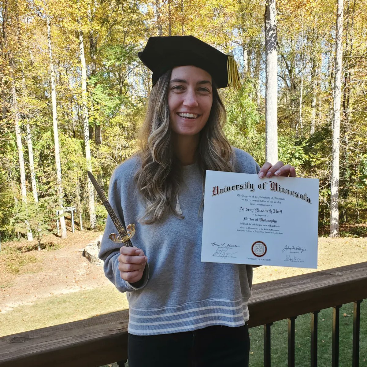Audrey Huff (@audreyehuff) on Twitter photo Me (a dr!!) w my diploma & my (v little) sword!! I am now taking a (much needed) break to spend some time in nature & with family, friends, & my pups 🐶 🌲 Me (a dr!!) w my diploma & my (v little) sword!! I am now taking a (much needed) break to spend some time in nature & with family, friends, & my pups 🐶 🌲