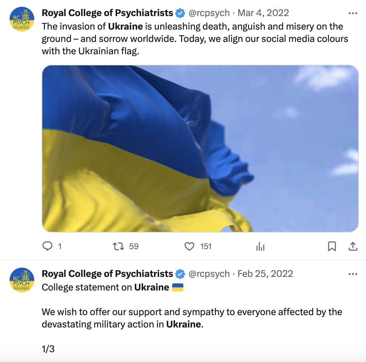 Hi <a href="/rcpsych/">Royal College of Psychiatrists</a> would be great to hear why you've issued several tweets, a statement AND changed the colours of your logo in solidarity with Ukraine. You say this was because of the "death, anguish and misery on the ground."

But nothing for Palestine.