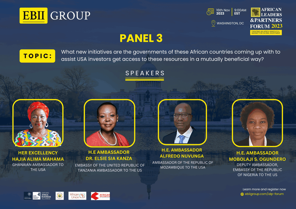 #ALPForum23 Panelists:

Connect with Investors, African Ambassadors, U.S. Government Officials, and industry leaders in Oil &amp; Gas, Mining, Agriculture, Manufacturing, and Services. The forum fosters mutual benefits, addressing challenges.

Register at ebiigroup.com/alp2023/.