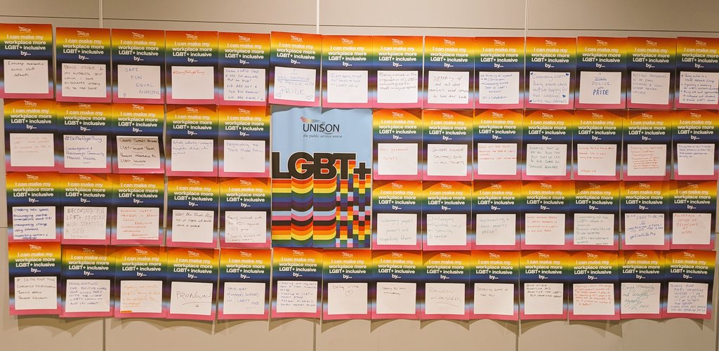 UNISONLGBTplus's tweet photo. How can we make our workplaces more inclusive? The @unisontheunion #ulgbtplus23 conference participants have some ideas! Let's use our year of LGBT+ workers to make our workplaces an inclusive place to work. 🏳️‍🌈🏳️‍⚧️ https://t.co/SZFw3mNPQm