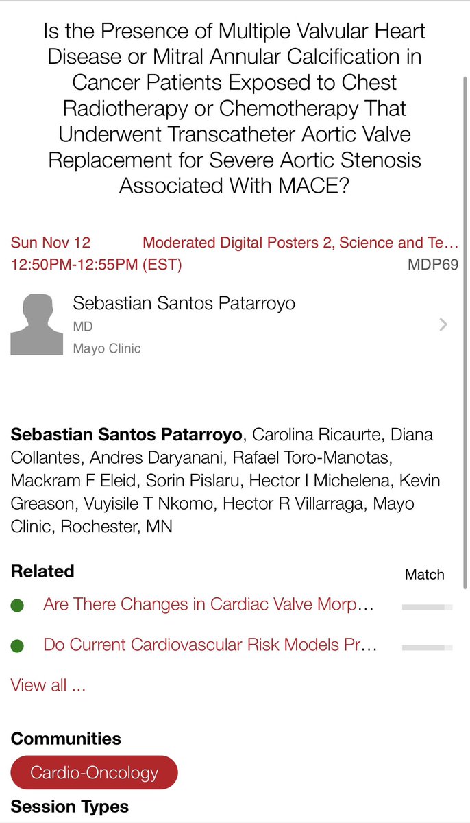 Today is the day ! I’m more than happy to share with #AHA23 community the results of our research @MayoClinicCV in Valvular Heart Disease in Cancer Patients. Moderated presentations 2 Science and Tech. 🔝 Session :12:00-1:30 PM Presentation :12:50PM #CardioTwitter #Match2024