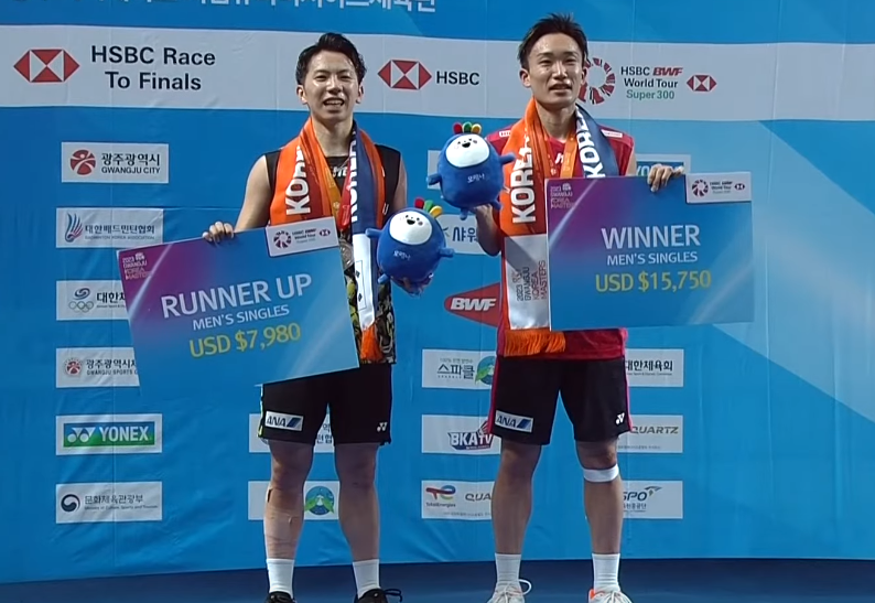 BadmintonTalk's tweet photo. #KoreaMasters2023 - Men's Singles

🥇Kento Momota (JPN)
🥈Koki Watanabe (JPN)

Congratulations to both players! https://t.co/ln1YH6jgs2