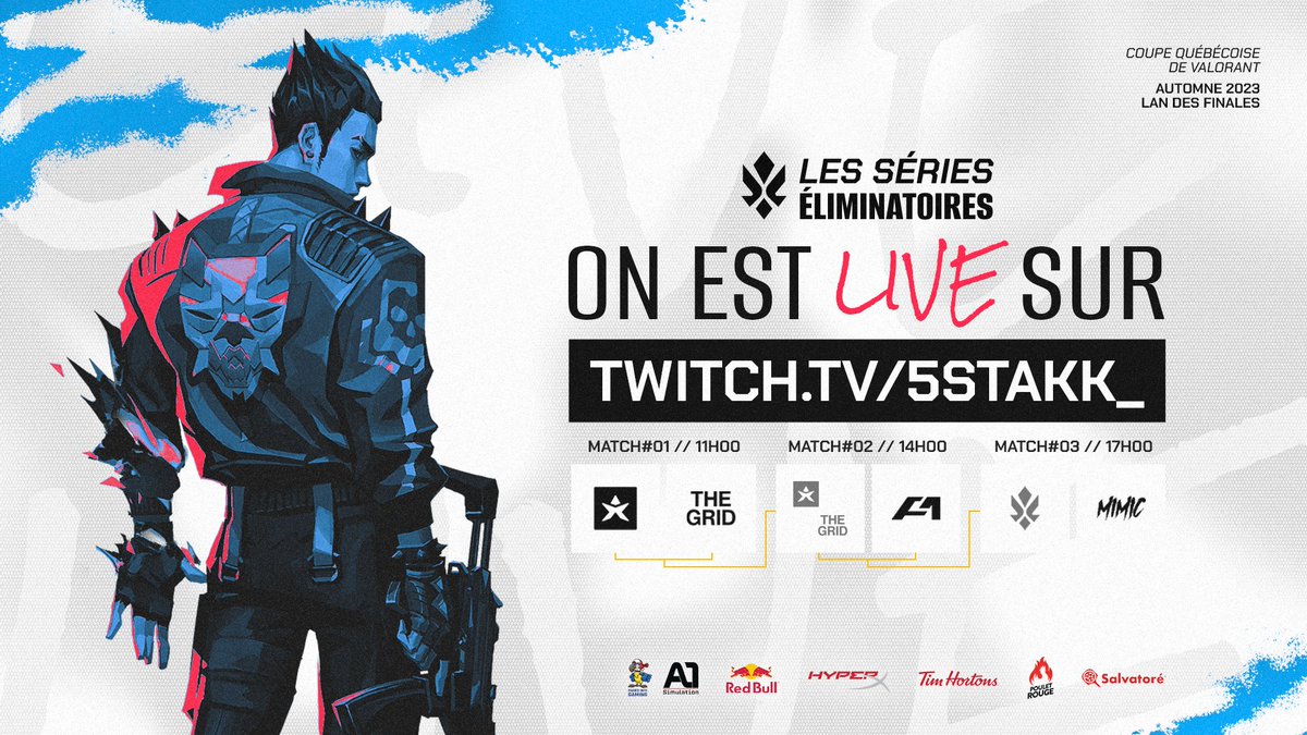 JOUR 2 - LAN DES FINALES DE VALORANT

C'est partie pour une 2e journée de finales, mais cette fois-ci c'est 3 best of 3 qu'on aura!

Vous ne voulez pas manquer ça, rejoignez-nous au Théâtre de la Providence ou en ligne sur twitch.tv/5stakk_!