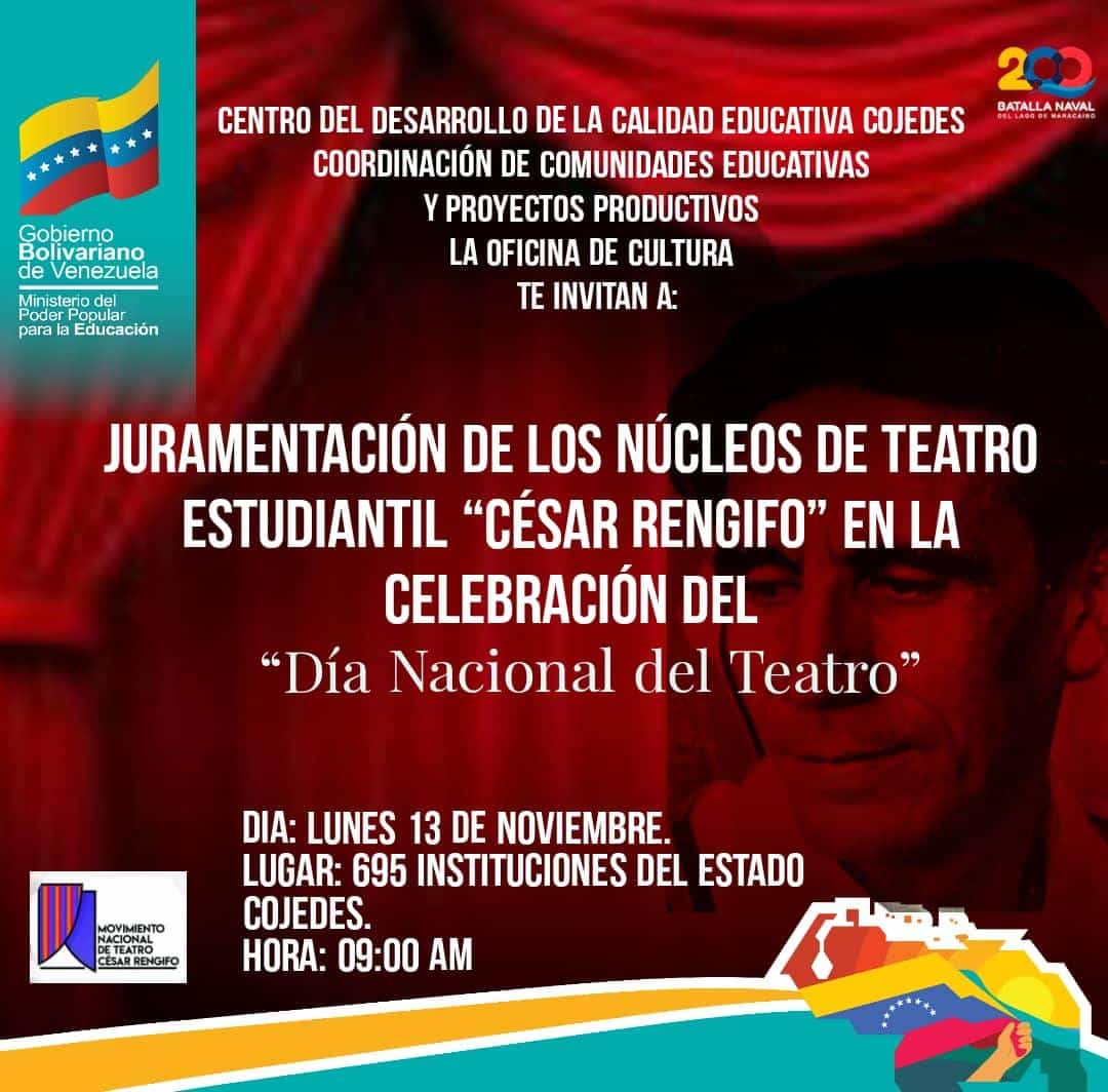 Este 13 de noviembre a nivel nacional se  juramentan los Núcleos de Teatro César Rengifo.  . Acompáñanos <a href="/NicolasMaduro/">Nicolás Maduro</a> <a href="/_LaAvanzadora/">Yelitze Santaella</a> <a href="/vicent_carvajal/">Vicente Carvajal</a> <a href="/WuikelmanAngelP/">Wuikelman Angel P.</a> <a href="/ViceComunidades/">Viceministerio de Comunidades Educativas</a> <a href="/info_mppe/">INFO MPPE</a> @MPPEDUCACION