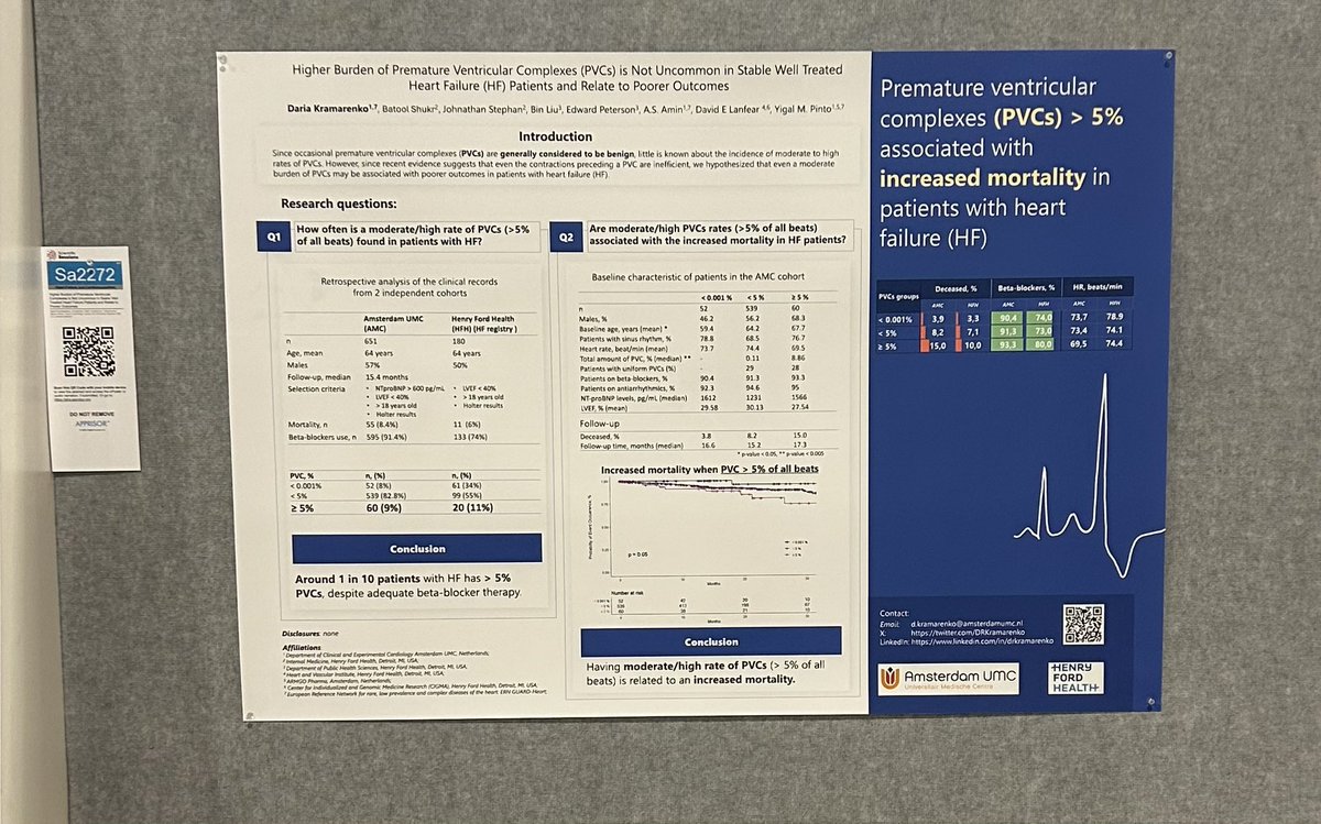 I flew all the way to the US to present about the burden of the premature ventricular complexes people with stable HF. It seems to be an association of PVCs with increased mortality.

Thank you #AHA23 for nice discussions and Yigal Pinto for supervising the project.