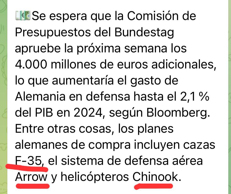 El gobierno alemán se propone aumentar su presupuesto de ayuda militar a Ucrania…4 mil millones de más…para gastarlo todo en USA. Como mismo los miles de millones que Washington dice gastar todo el $ se queda alli mismo. Increíble esa maquina de hacer dinero de guerra