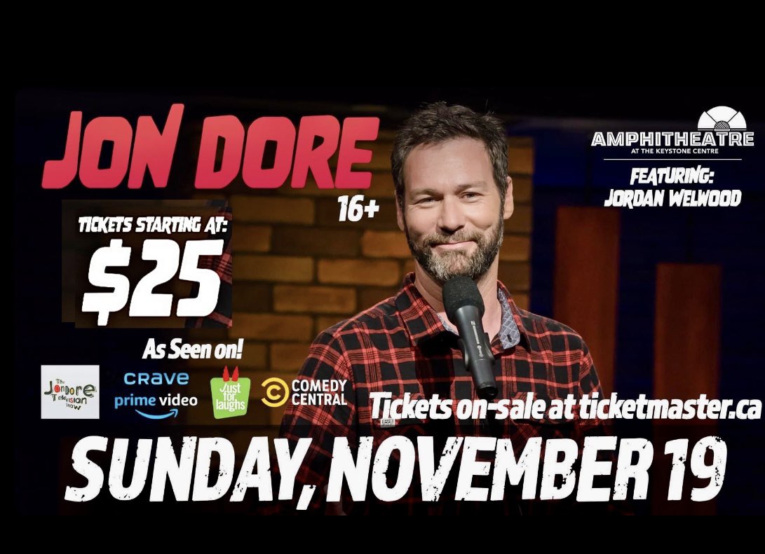 Tenbdn2023's tweet photo. 🎙️ JON DORE is here ONE.WEEK.AWAY! 
Sunday, November 19th! 
🎟️ Tickets start at $25 at Ticketmaster @Keystone_Centre 
#bdnmb #standupcomedy #jondore #brandon #canadiancomedian #comedy https://t.co/dOhlKWvnUK